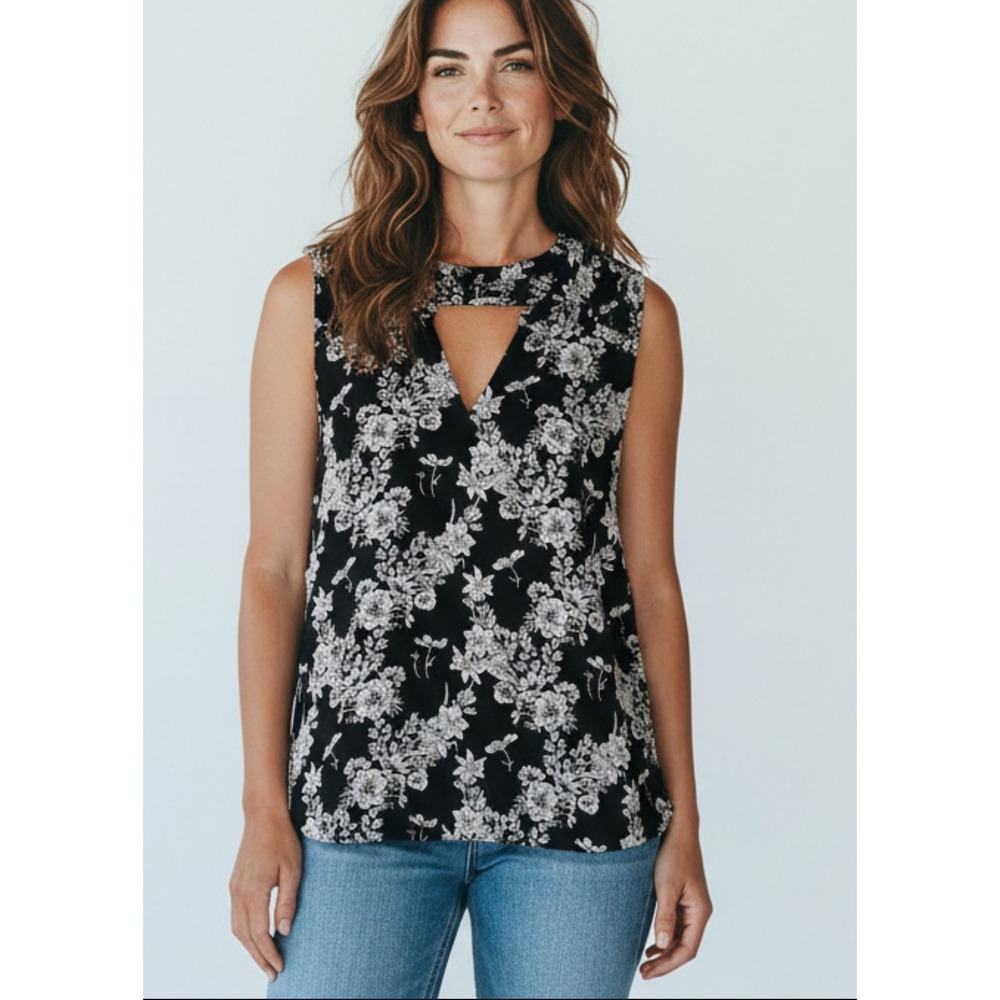 41Hawthorn Black Floral Cutout V Neck Sleeveless Blouse Top Women's Size‎ L